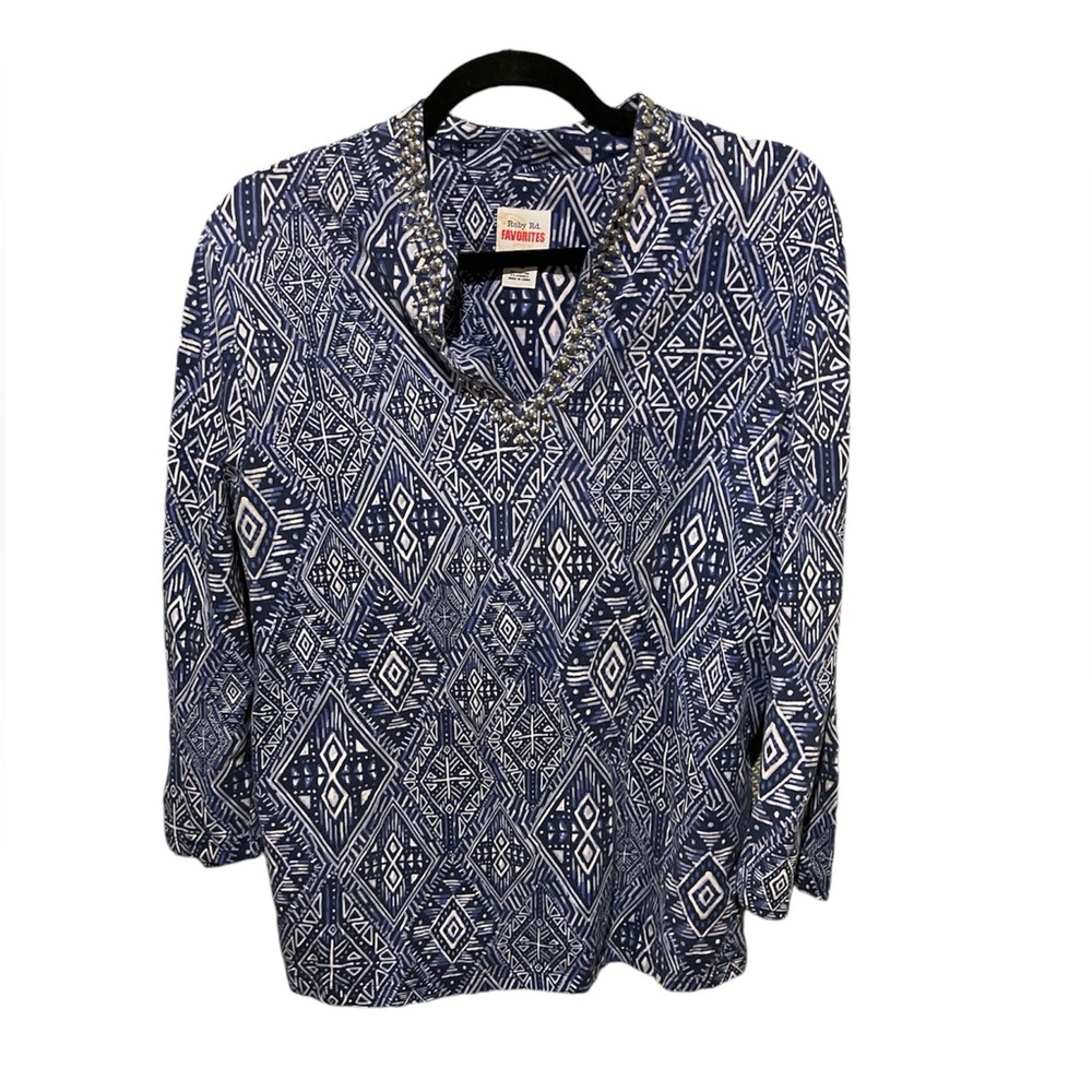 Ruby Rd. Jeweled Neck Geometric Pattern Top Size … - image 1